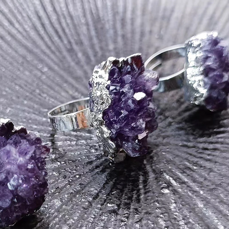 Natural Gemstone Druzy Quartz Purple Crystal Golden Silver Bezel-set Amethyst Cluster Ring For Women