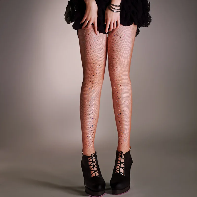 New Design Women Sparkly Rhinestone Fishnets leggings high stretch girl colorful diamond mesh pantyhose tights