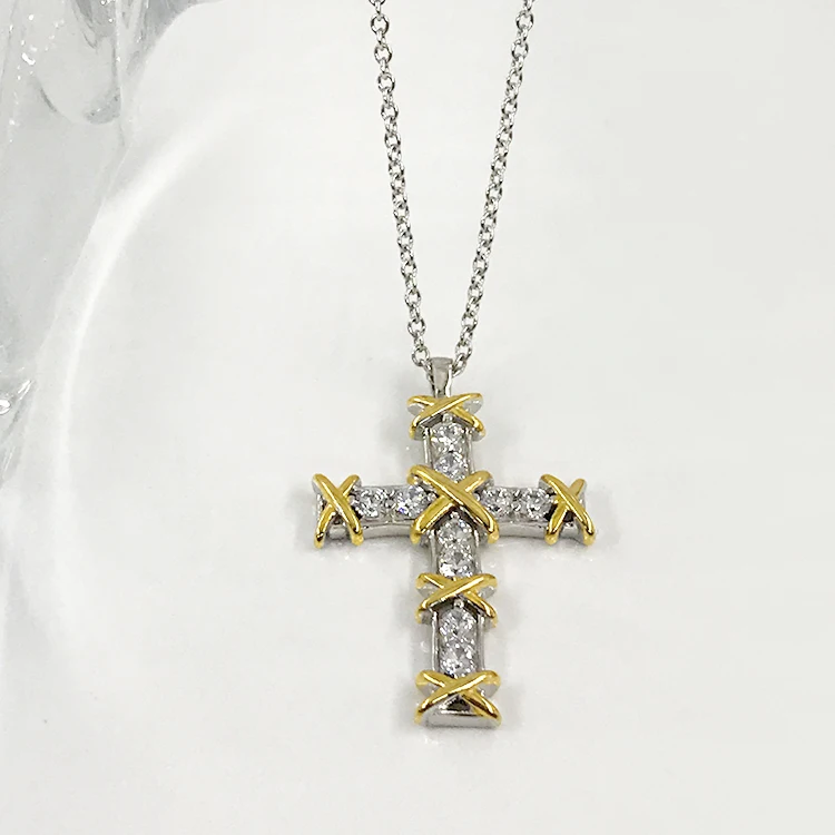 New Fashion 925 Sterling Silver Double Gold Plated Necklace Jewelry Cubic Zirconia Cross Necklace