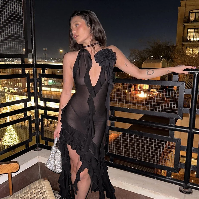 K22D15754 Trending products 2024 new arrivals spring clothes ruffles casual dresses halter flower mesh dress women sexy dress