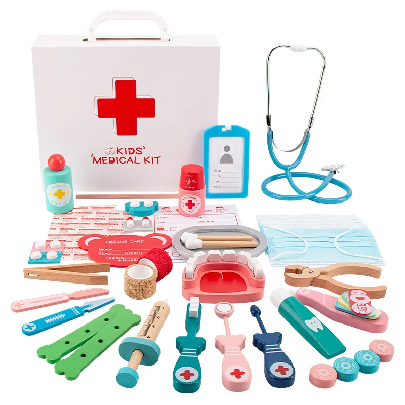 50PCS Wooden Dentist Pretend Kit Toys for Kids Medical Kit with Stethoscope Medical Storage Bag Montessori Pretend Doctor Kit