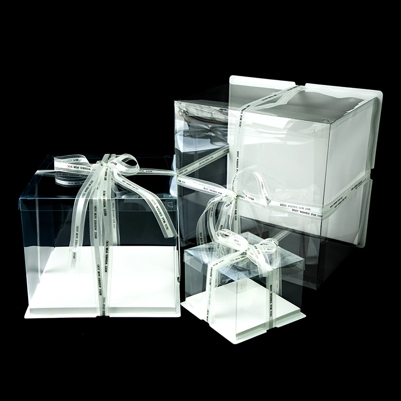 Custom Luxury clear Cake Gift Box Transparent Wedding Cake Birthday Packing Packaging for Wedding/party with Ribbon
