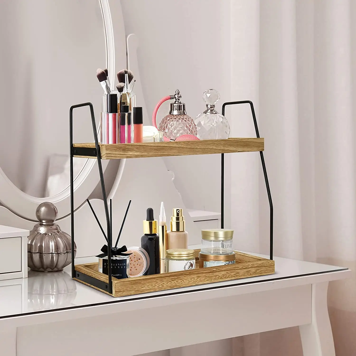 Customized 2-Tier Wooden Storage Rack Cosmetic Organizer Holder for home and office