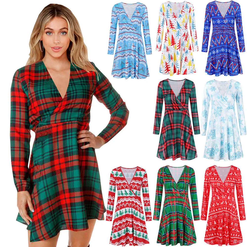 Рождественские Популярные Новые товары, женское Повседневное платье в клетку с цифровым принтом и длинным рукавом, модный осенний кардиган, юбка