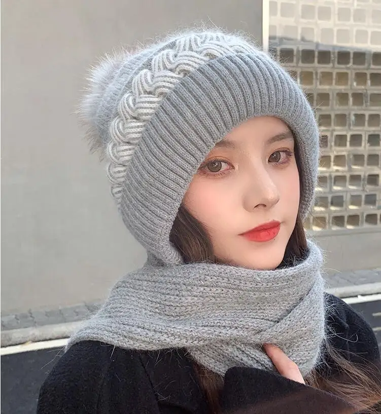 New Style Knitted Winter All-In-One Sports Ski Bean Double Twist Pattern Fashion Hairball Hat