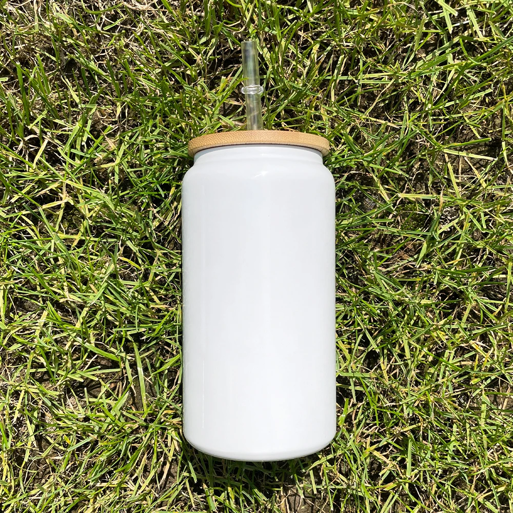 US warehouse 16oz stainless steel can tumbler white sublimation 16oz Metal Beer Can Tumbler with pp plastic lids and bamboo lids