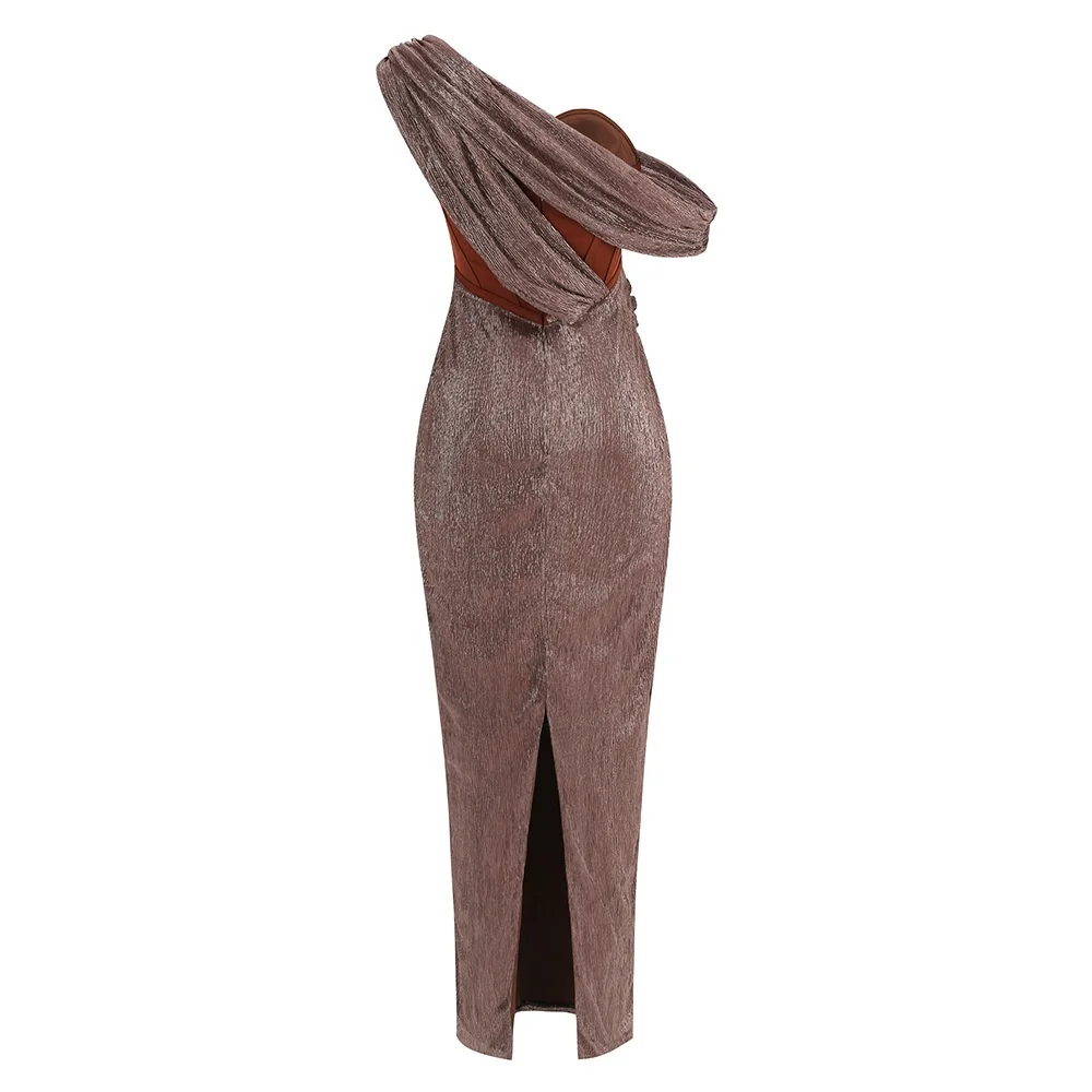 2024 New Women Fashion Oblique Shoulder Sexy Dresses For Ladies Hip Dress Evening Hollow Slim Ribbon Design Female Brown Dress