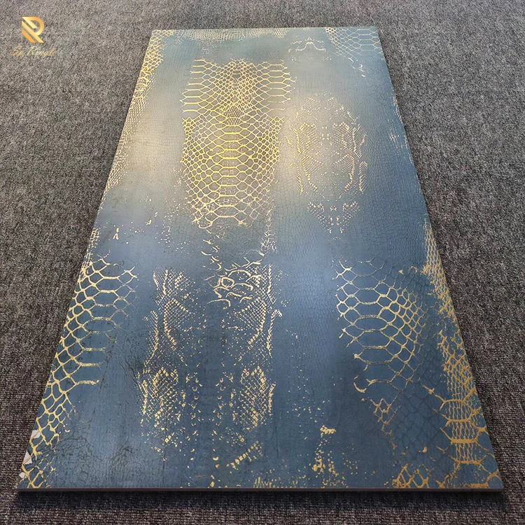Springletile blue design matte floor tile shiny glod dragon texture sintered stone interior luxury hotel decorative wall tiles