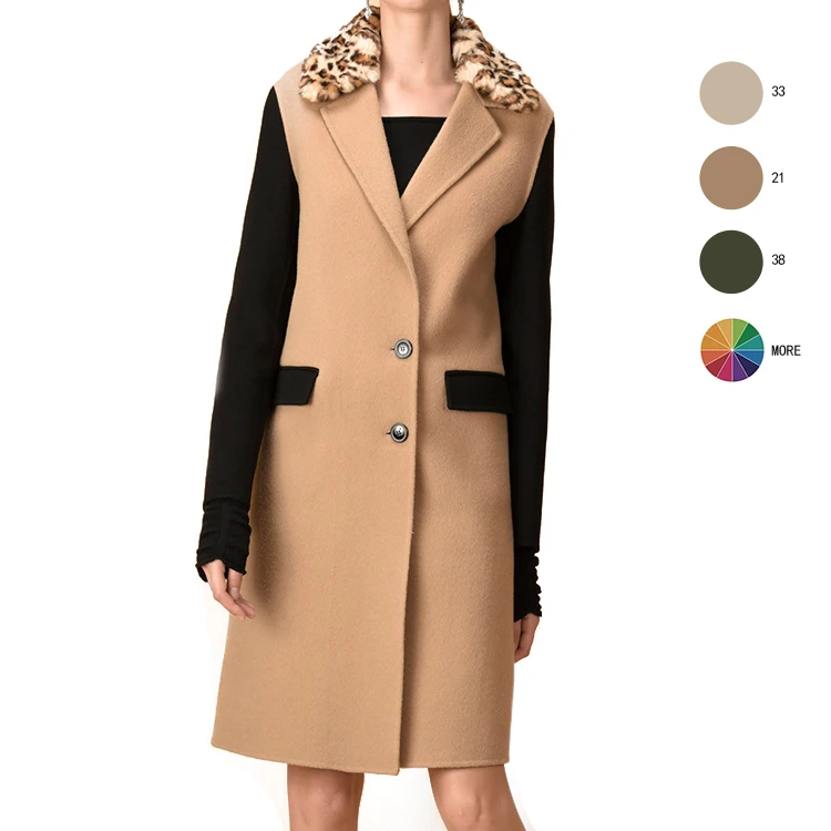 Оптовая продажа, высококачественные приталенные кашемировые шерстяные куртки JTF с воротником из искусственного меха верблюжьего и черного цвета, Женское пальто, зимние длинные шерстяные пальто
