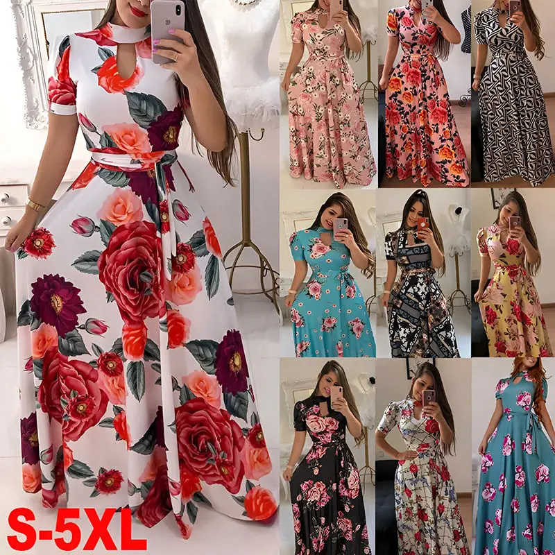 Wholesale Summer Fashion Short Sleeve Long Dress Women Clothing Floral Casual Used Dress