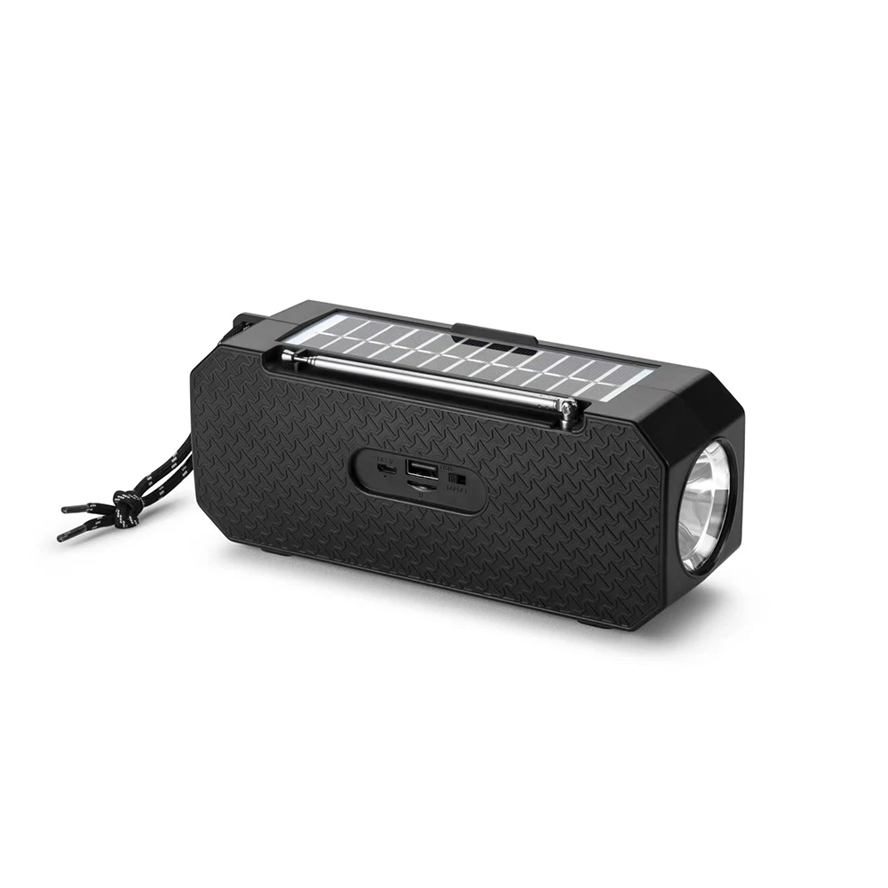Creative solar powered outdoor speaker stereo with Fm radio,torch light,USB charging,convenient and durable