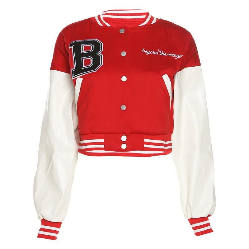 Printed Red Leather Sleeve Baseball Jackets Short varsity Jackets Fashion Women Jackets