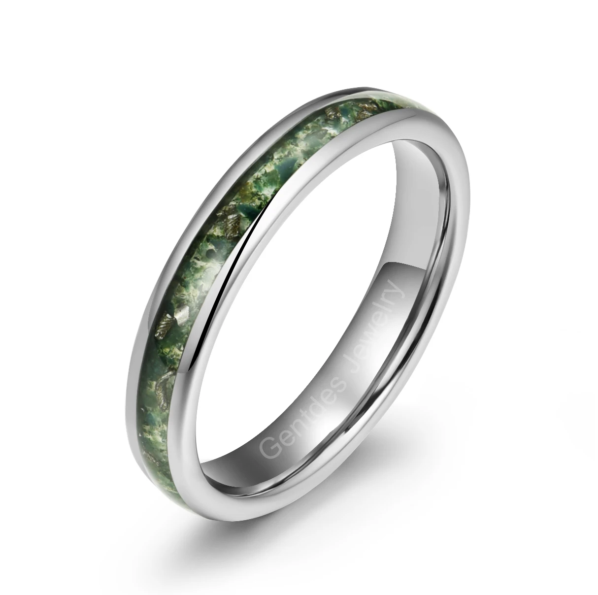 Gentdes Jewelry Custom Luxury Wedding Bands 4mm Silver Crushed Moss Agate Tungsten Carbide Ring Inlay Meteorite For Men Women