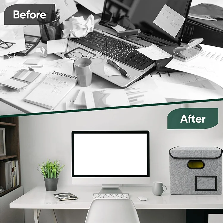 Hot Sale Large Capacity Reusable Polyester Hemp Document Storage Box Multifunctional Folding Office File Organizer with Lid