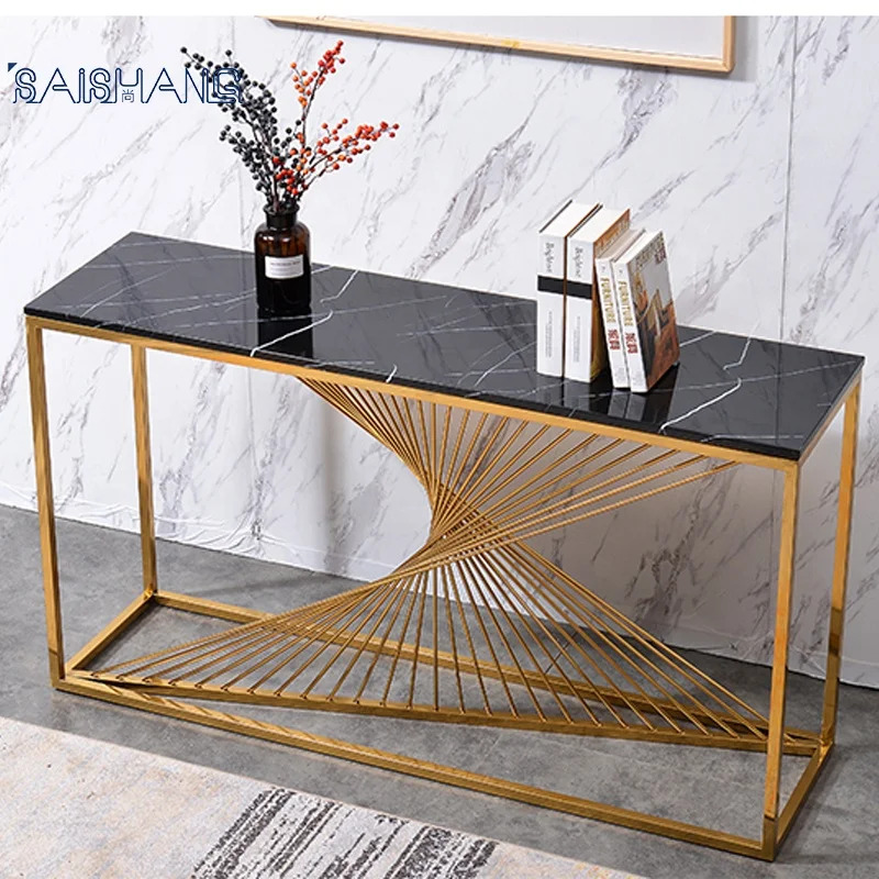 Hot Sale Factory Gold Steel Console Table Luxury Table Black Marble Top Table