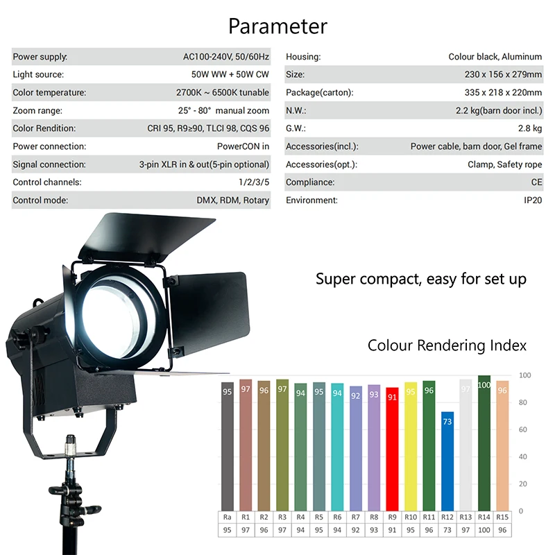 50W zoom spotlight, LED exhibition light, 2700K-6500K colour temperature adjustable, with four-page barn door, DMX, RDM control