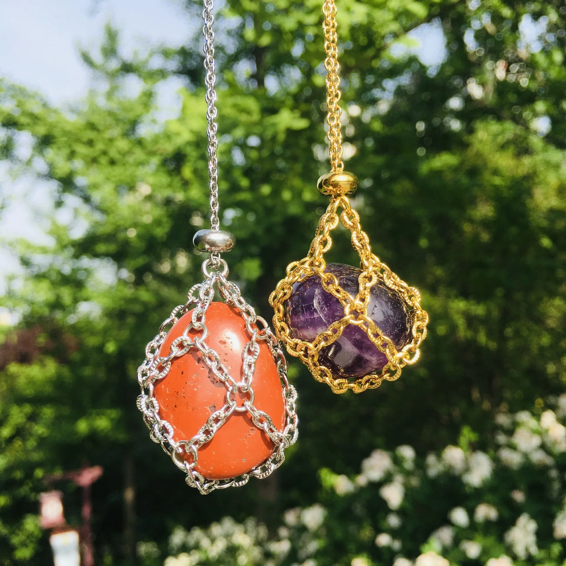 YICAI Random Gems Gemstone Handmade Bead Chain Cage Pendant Necklace Adjustable Stainless Steel Crystal Net Necklace