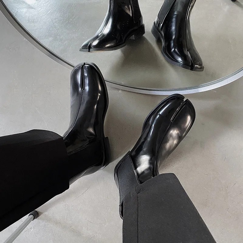 SHIKOL split toe ankle boots for women men fashion black patent leather big size 12 low heels ladies shoes stretch tabi boots