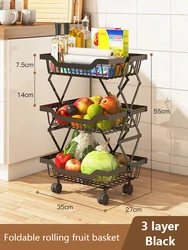 Collapsible Metal Wire Storage Pantry Baskets with Wheels, Fruit Vegetable Basket Storage Cart, Rolling Utility Cart for Kitchen