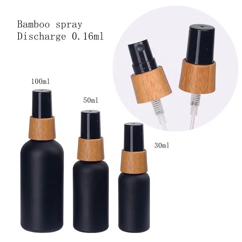 30 ml matte black bottle 1 oz frosted black glass bottle empty cosmetic bottle sprayer with 18/415 bamboo spray pump