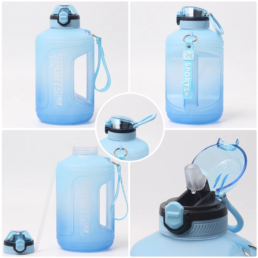 2.3 liter Gym Water Jug Bottle gallon Botol Minum Anak Motivational Frost Plastic Water Bottle With Straw