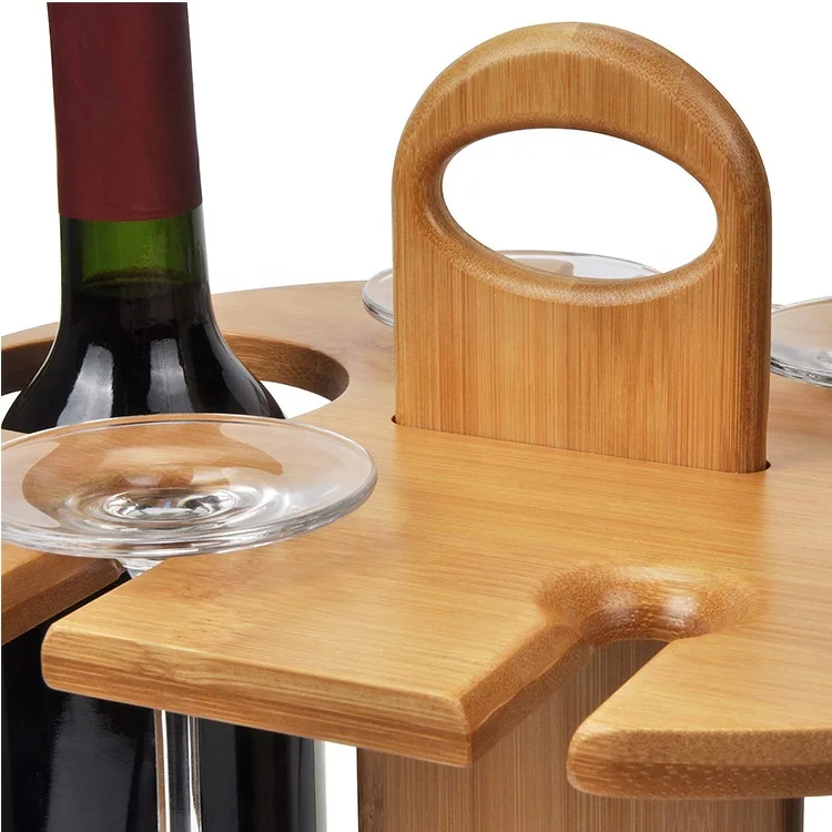 
Wine Bottle Holder Glass Cup Rack With Handle - Wine Organizer Bamboo Stand Countertop Tabletop Display 