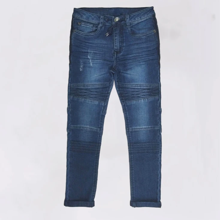 
Guangzhou Fashionable children kid boy moto biker jean in dark blue indigo vintage wash with waist drawcord and 3D whisker 