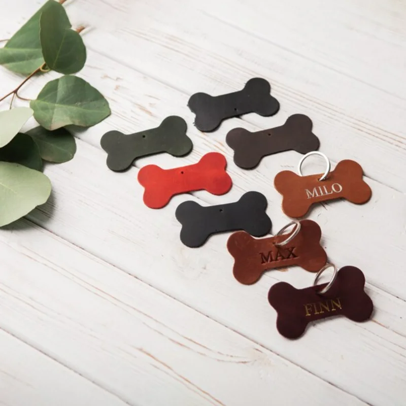 Custom Logo Dog Collar Tag Key Ring Cat Dog Name Tag Genuine Leather Bone Shape Dog Tag