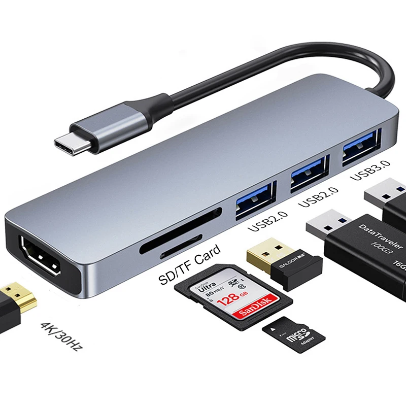 Алюминьный высокой скорости 3 0 4K HD TF/SD кард-ридер USB-C многопортовый адаптер порта USB Type-c 7 в 1 взаимный обмен данными между компьютером и периферийными устройствами C концентратор для