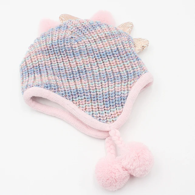Winter Cute Double Layer Baby Dinosaur Knitted Winter Wool Earflap Hat Girls Ear Muff Hat Wool Beanie For Kids