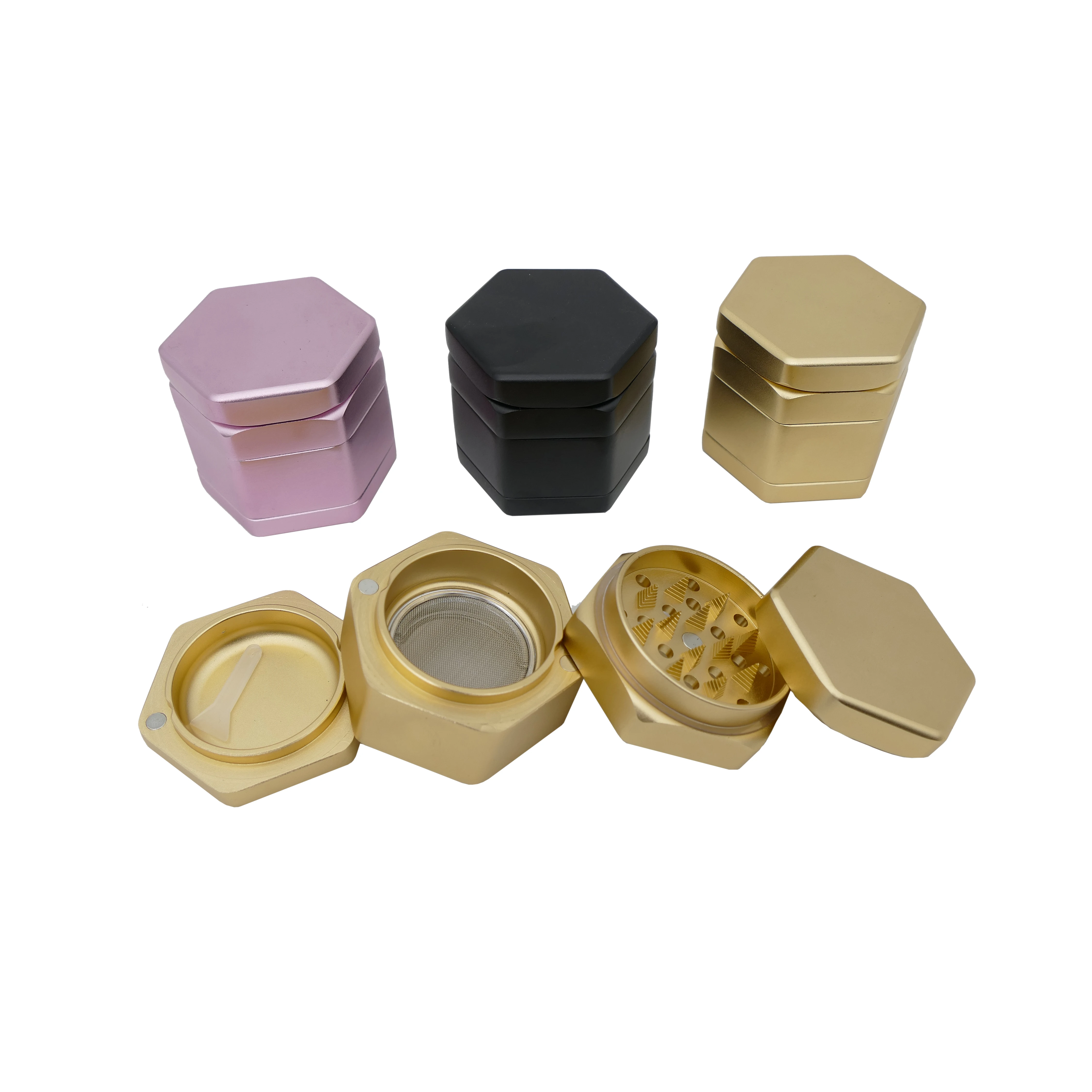 JC9051 New All Magnet Aluminum Hexagonal Shape Herbal Herb Grinder 55 MM 4 Piece Metal Tobacco Smoking Grinders Spice Crusher