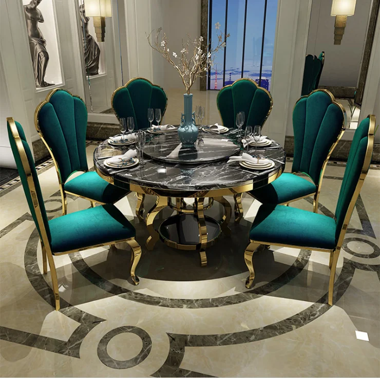 Marble dining table and chair combination modern round table with turntable European style stainless steel furniture