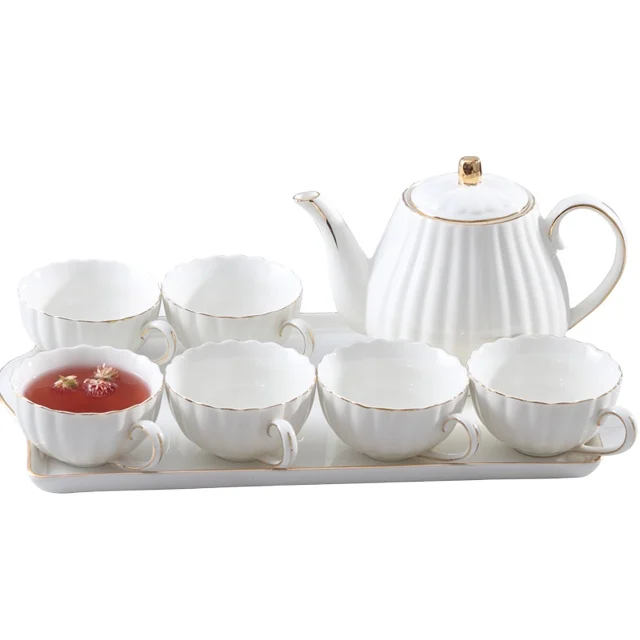 Gold Plated Edge White Ceramic Tea Sets With Tray And Teapot For Gift