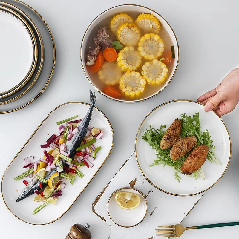 Luxury Gold Rim White Porcelain Ceramic Kitchen Utensil Plate Dish Bowl Dinner Dinnerware Set