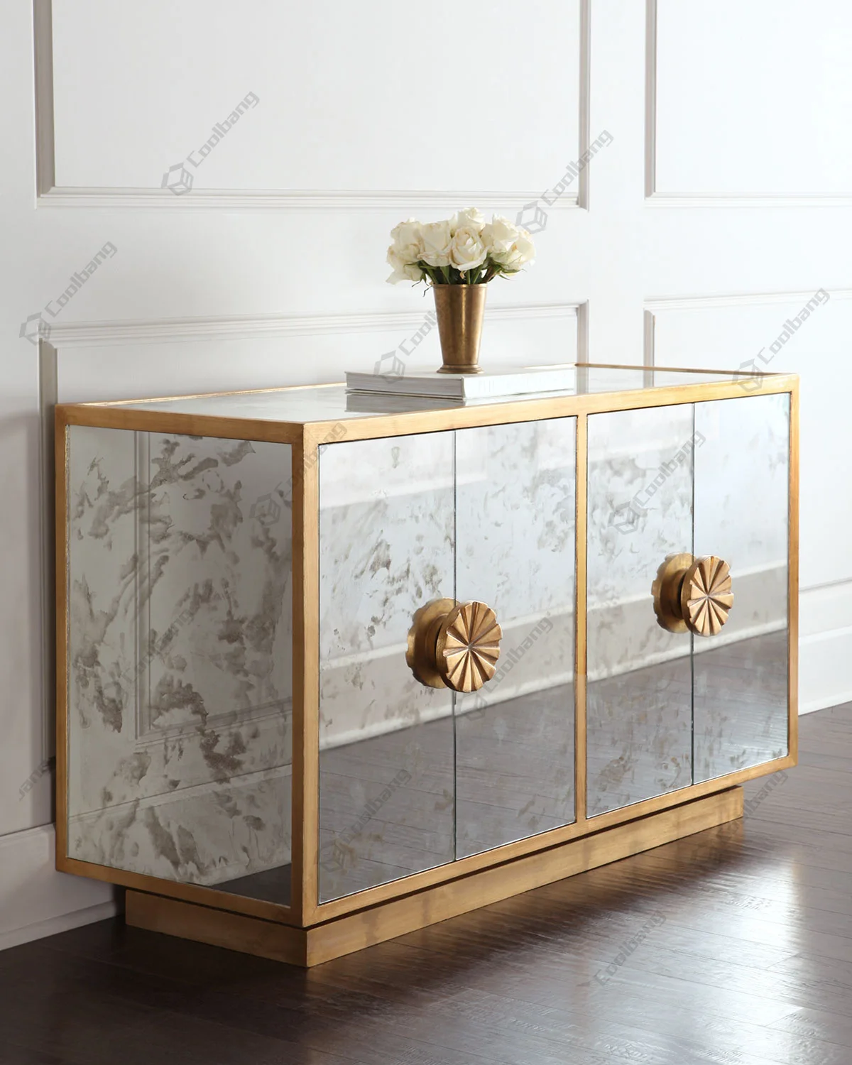 New Classical Ink Painting style Wholesale  Mirrored Golden Edge Cabinet 2 doors For Home