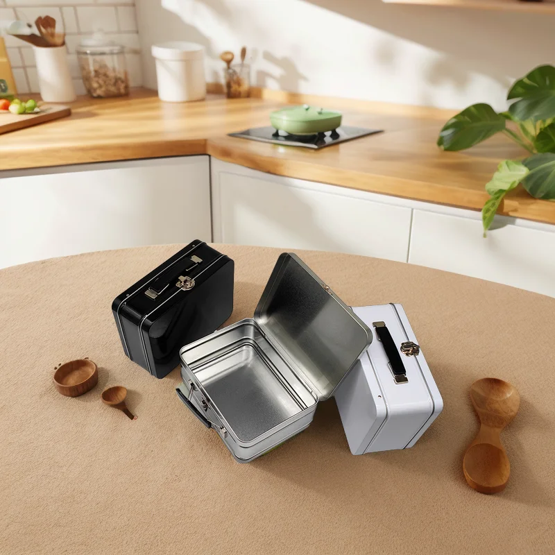 Wholesale Black White Rectangle Metal Tin Lunch Box for Kids Printable Lock Storage Container with Handle for Food Packaging