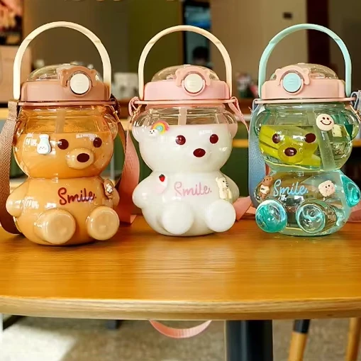 Newest High Quality Cute Bears Summer Students Portable Plastic Large Capacity Kettle Water Bottle With Straw