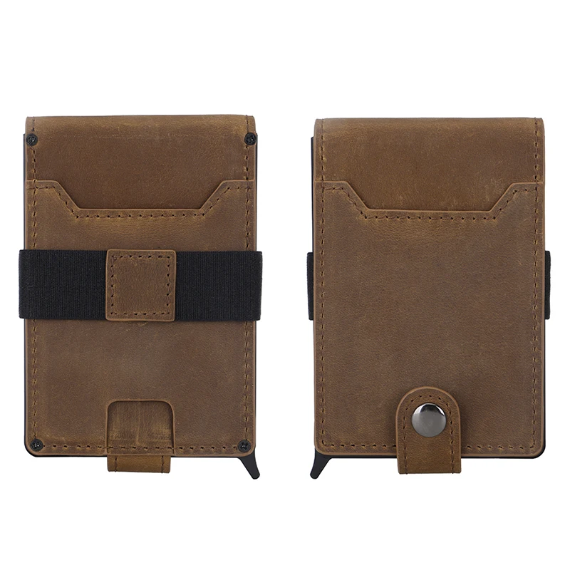 Full Grain Leather Fashion Aluminum Wallet Pop up Wallet Minimalist Credit Card Holder with Gift Box