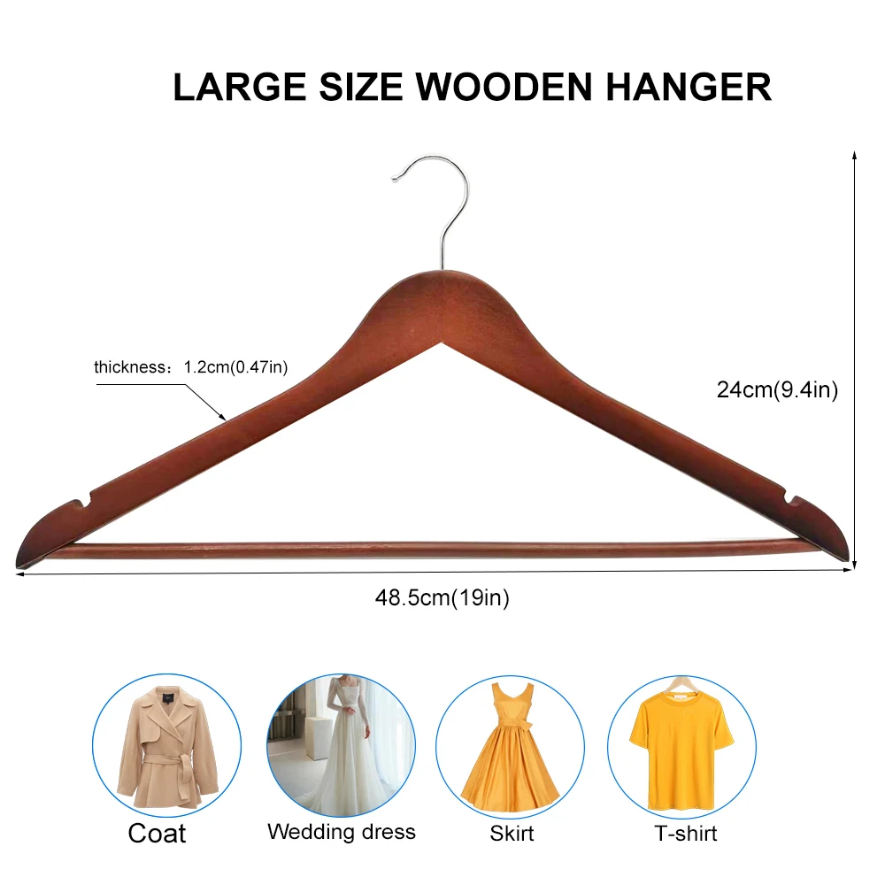 Wholesale custom natural single-layer non-slip fluted chrome hook 48cm large size wood hangers for Coats costumes living room