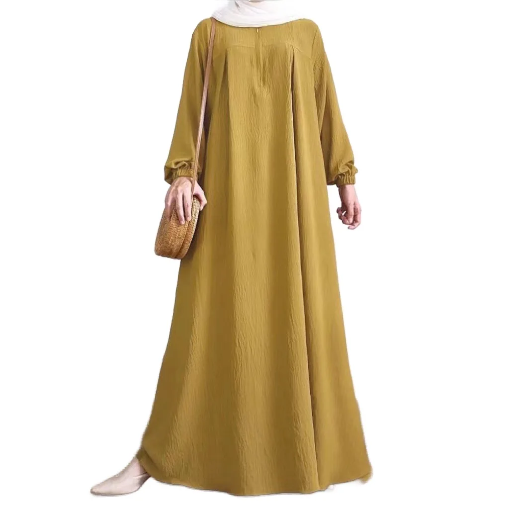 Middle Eastern Solid Color Elastic Sleeve Round Neck Dress Muslim Long Skirt Women Abaya