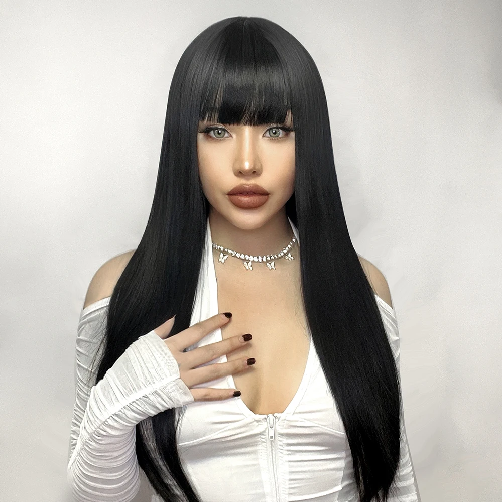 Ainizi wholesale cheap high quality long straight black color fashion synthetic hair wig with bangs for women