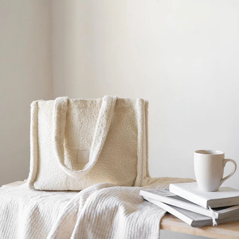 Custom Size Logo Women Large Cozy Fluffy Towel Terry Tote Shoulder Bag with Inner Zipper Compartments