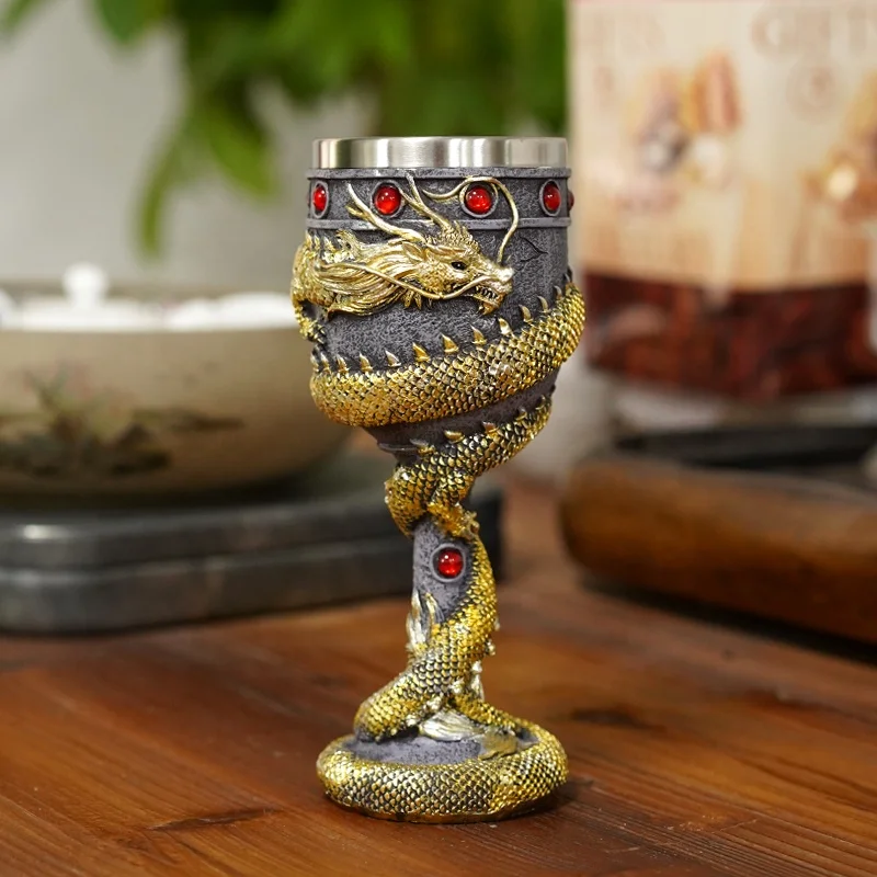 Creative personality three-dimensional carving vintage Chinese dragon goblet wine glass home decoration shop ornaments