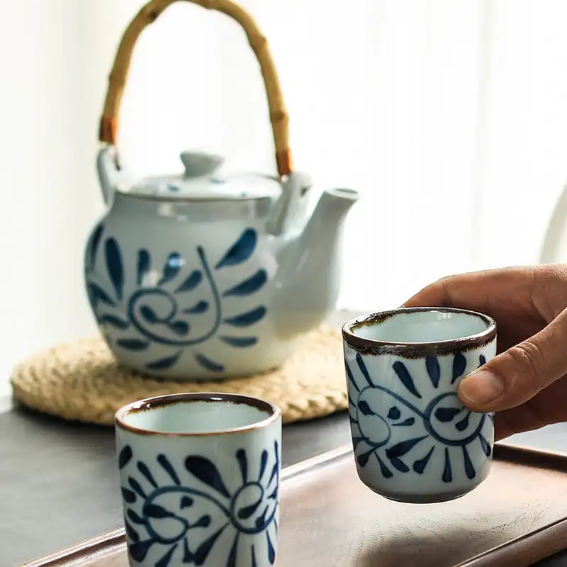 Japanese Blue and White Retro China Ceramic Beam Pot Tea Set