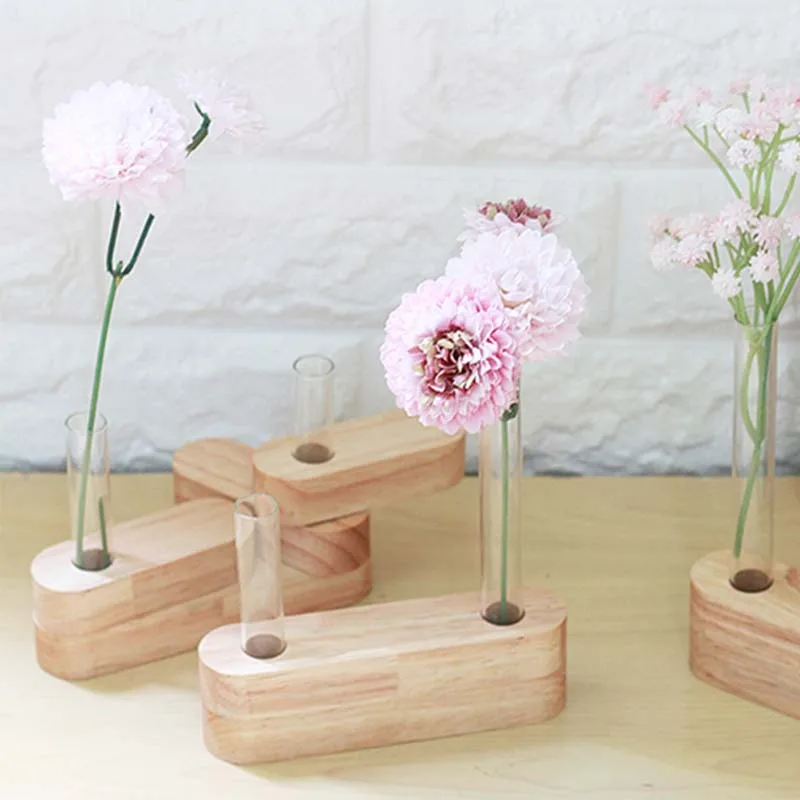Nordic Home Decor Transparent Flowers Test Tube Vase With Wooden Stand