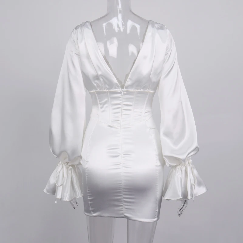 2021 Summer Deep V Neck Lantern Sleeve Boned Corset Xs Clothing Elegent Fancy Satin Spring Casual Dresses Women Trendy