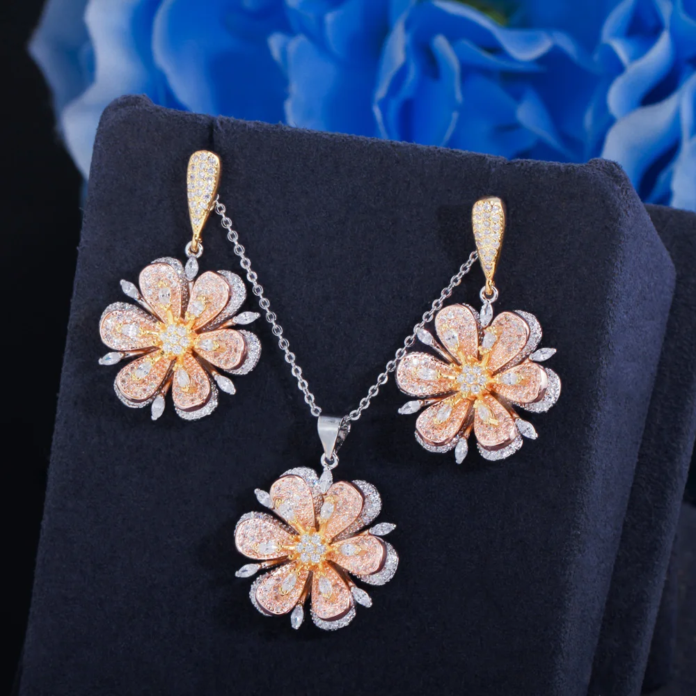 3D геометрический дизайн кубического циркония (3 оттенка переходящие плавно от темного к светлому) с серебряным покрытием серьги-подвески цветочным украшением из серьги и ожерелье для женщин обручальные кольца CZ Ювелирные наборы