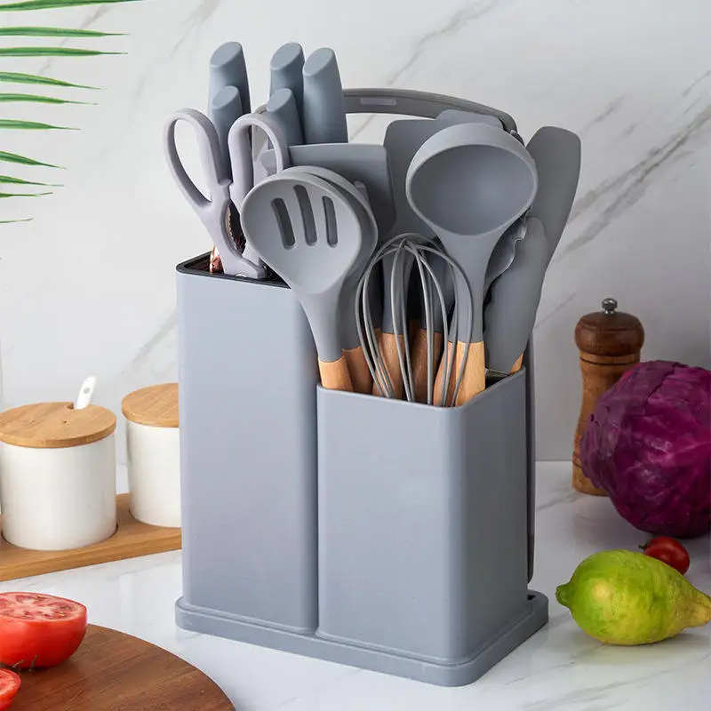 High Quality Wholesale 19Pcs Portable Camping Eco Friendly Kitchen Cooking Utensils Sets With Wooden Handle