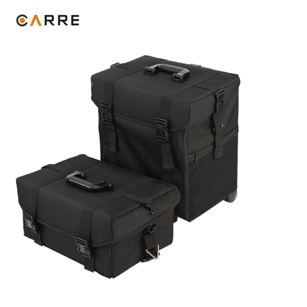 2 in 1 Professional Makeup artist soft Black nylon Fabric Wheeled Rolling soft trolley cosmetic case Set with Drawers