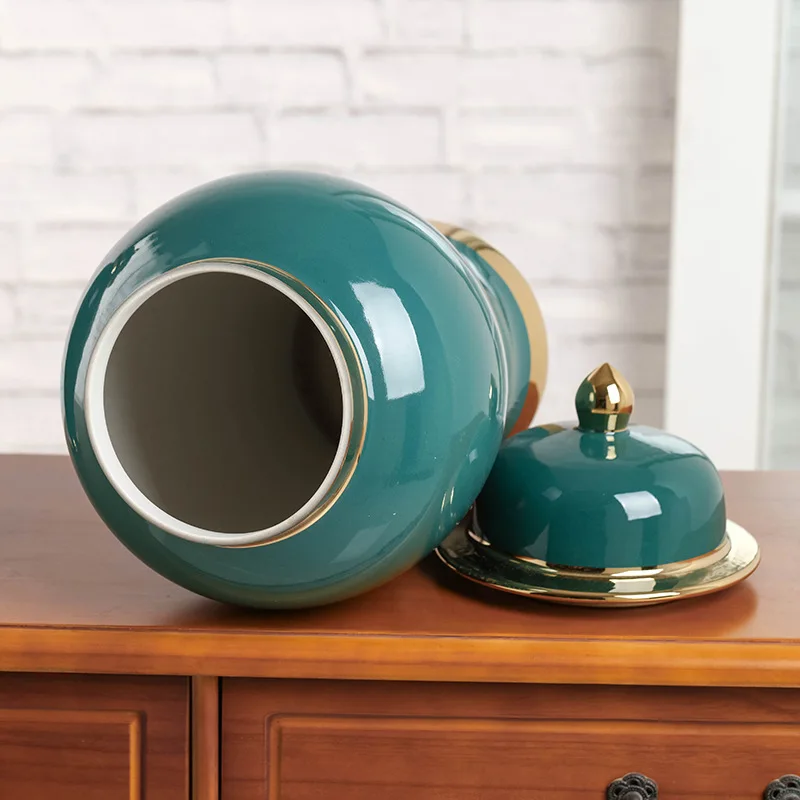 Factory Sell Modern Home Decoration Green Glazed Gold Rim Ceramic Decorative Ginger Jar